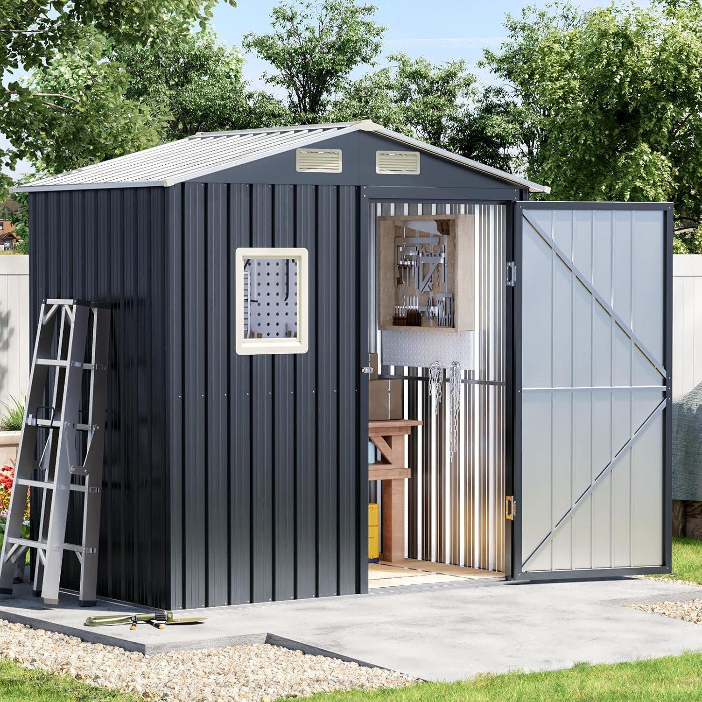 8x6 FT Outdoor Metal Storage Shed with Floor Frame, Double Doors, 1 Clear Window, Tool Shed for Garden, Patio, Backyard Brown