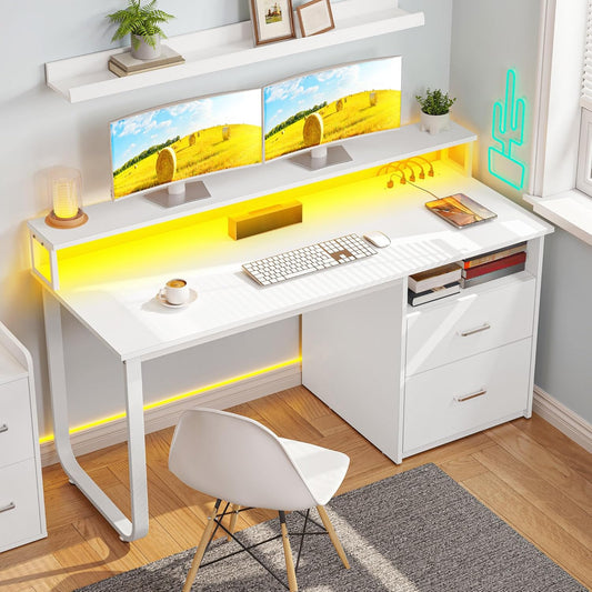 YITAHOME Computer Desk with Drawers, 55" Office Desk with Power Outlets & LED Light, Home Office Desk with Storage Shelves, White