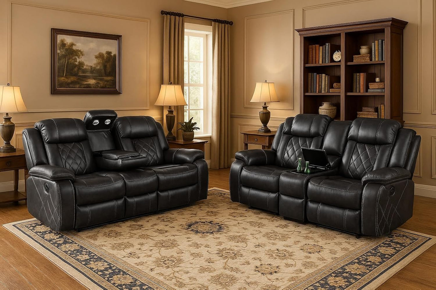 COMHOMA Power Living Room Furniture Sets,Electric Recliner Chair with LED Light,Sectional Sofa Loveseat with Wireless Charging,Spacious Storage, Cup Holeders,1