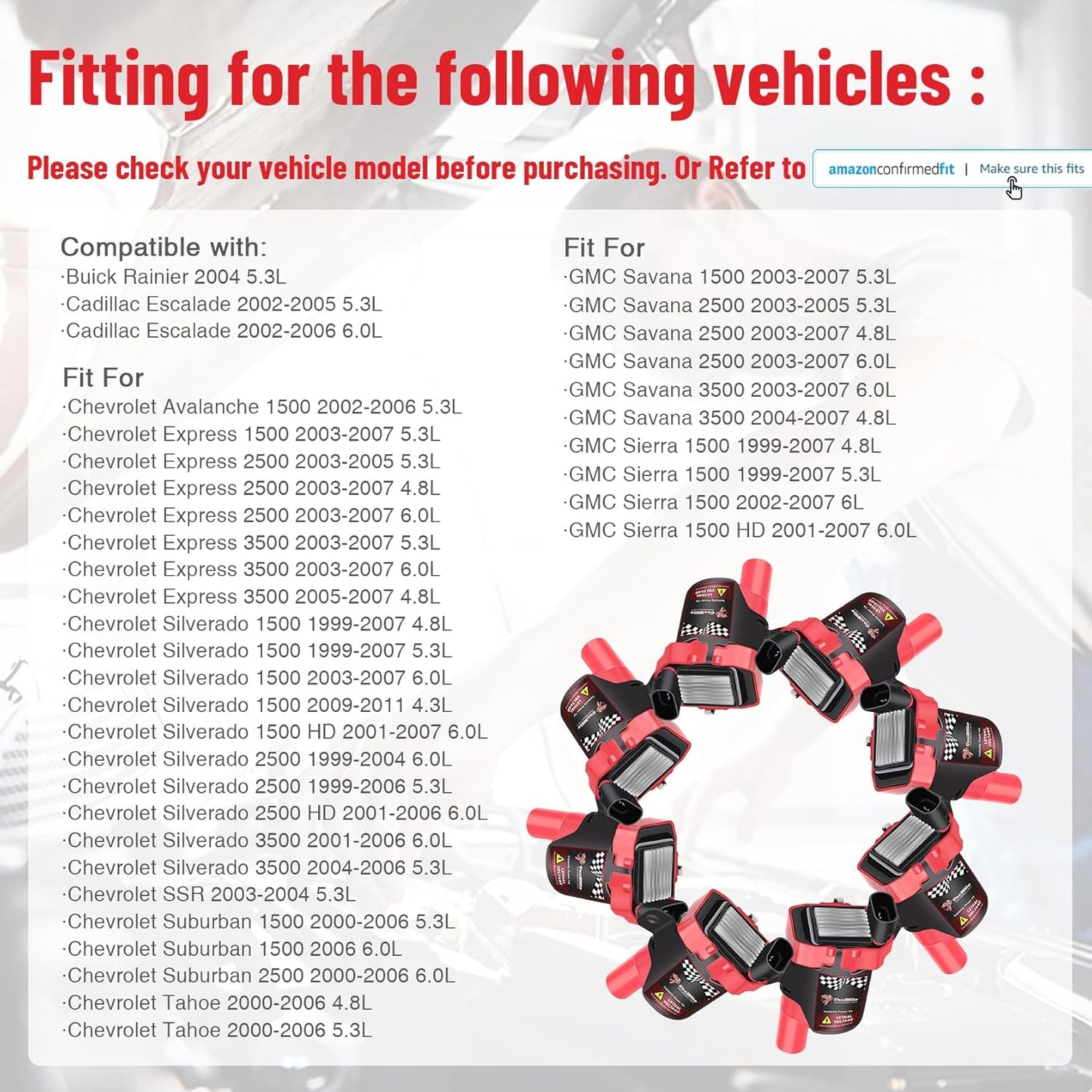 CarBole Round D585 UF262 Ignition Coils and 748UU 8mm Spark Plug Wires Set, Fit For Chevy Silverado LS1 LS3 4.8 5.3L Chevrolet GMC 4.8L 5.3 5.7 6.0, Pack of 8pcs (Round Coils)
