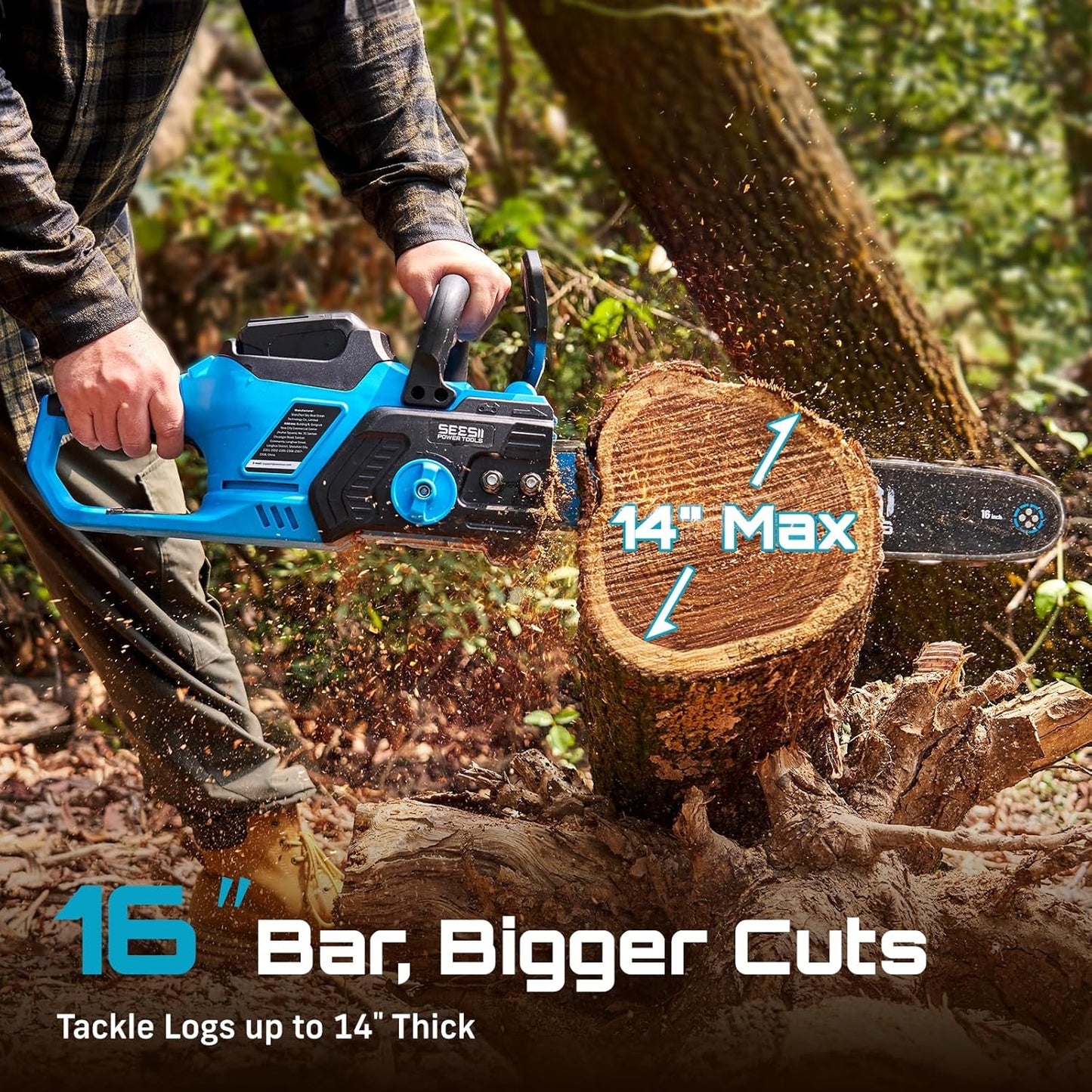 SEESII 40V 16-Inch Cordless Chainsaw: Brushless Electric Chain Saws with 2×4.0Ah Batteries & Charger, Tool-Free Chain Tension, Auto Oiling, for Tree Trimming, Wood Cutting, Yard Work