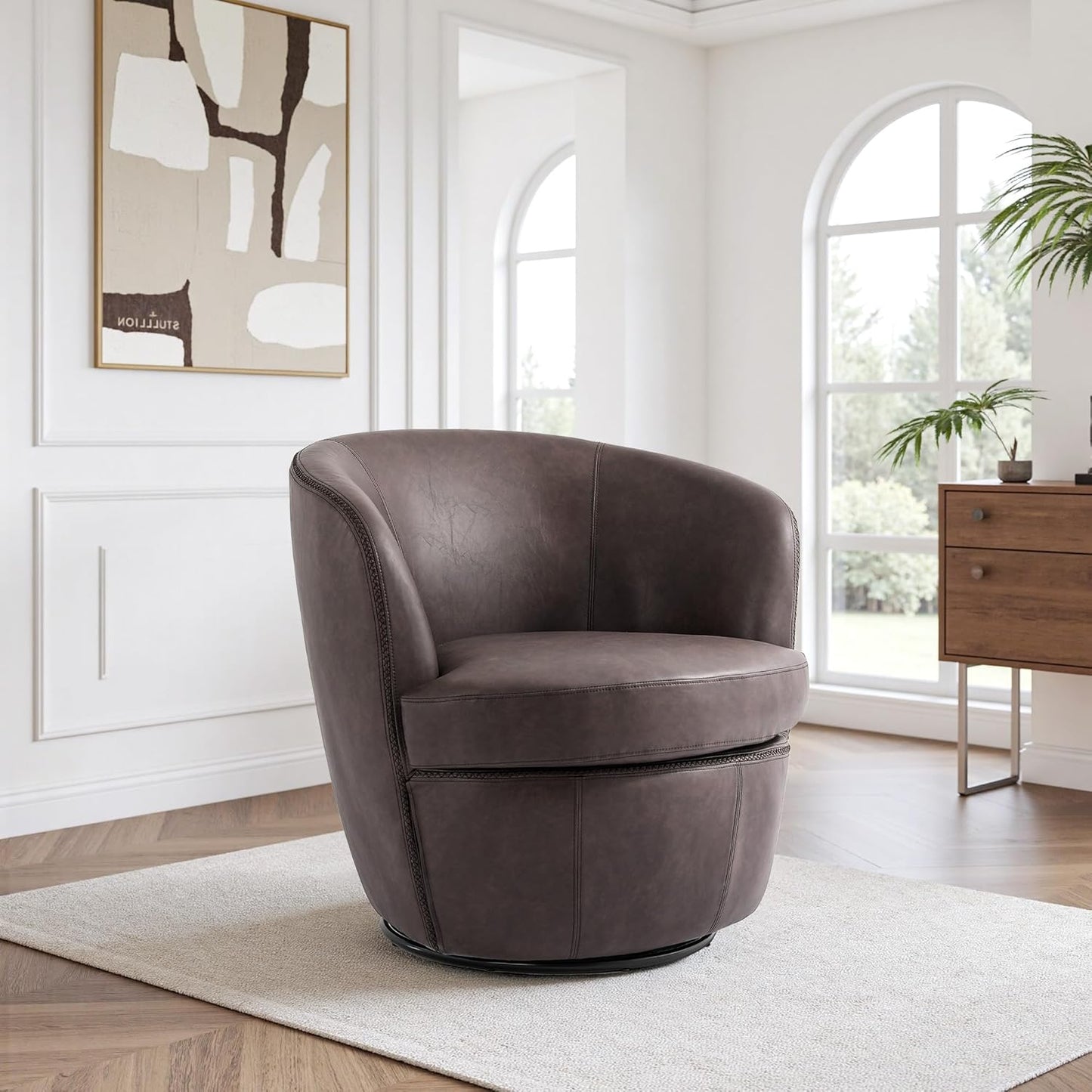 UIXE PU Leather Swivel Barrel Accent Chair, Modern Round Swivel Chair Comfy Upholstered Armchair for Living Room, Vintage Arm Chair Single Sofa Bedroom Reading Seats - Chocolate