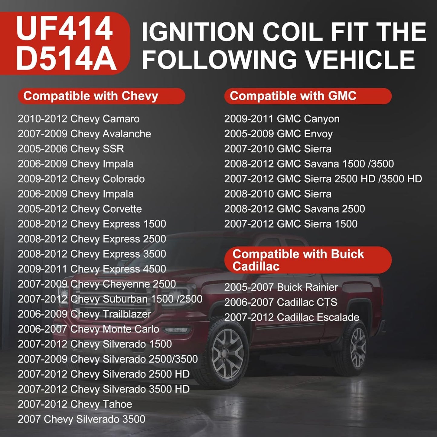 Set of 8 Round Ignition Coil UF414 + 748UU Spark Plug Wire Set, Compatible with Chevrolet GMC Pontiac Impala Corvette Tahoe Express Escalade Silverado 1500 2500 3500, Replacement for C1512 UF414 D514A