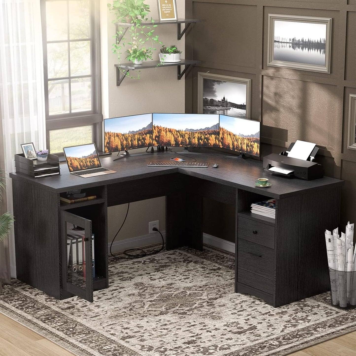Unikito L Shaped Office Desk with Drawer, 60 Inch Computer Desk with Power Outlet & USB Charging Port, Large Corner Desk with File Cabinets, 2 Person Sturdy Executive Desk with Storage Cabinet, Black