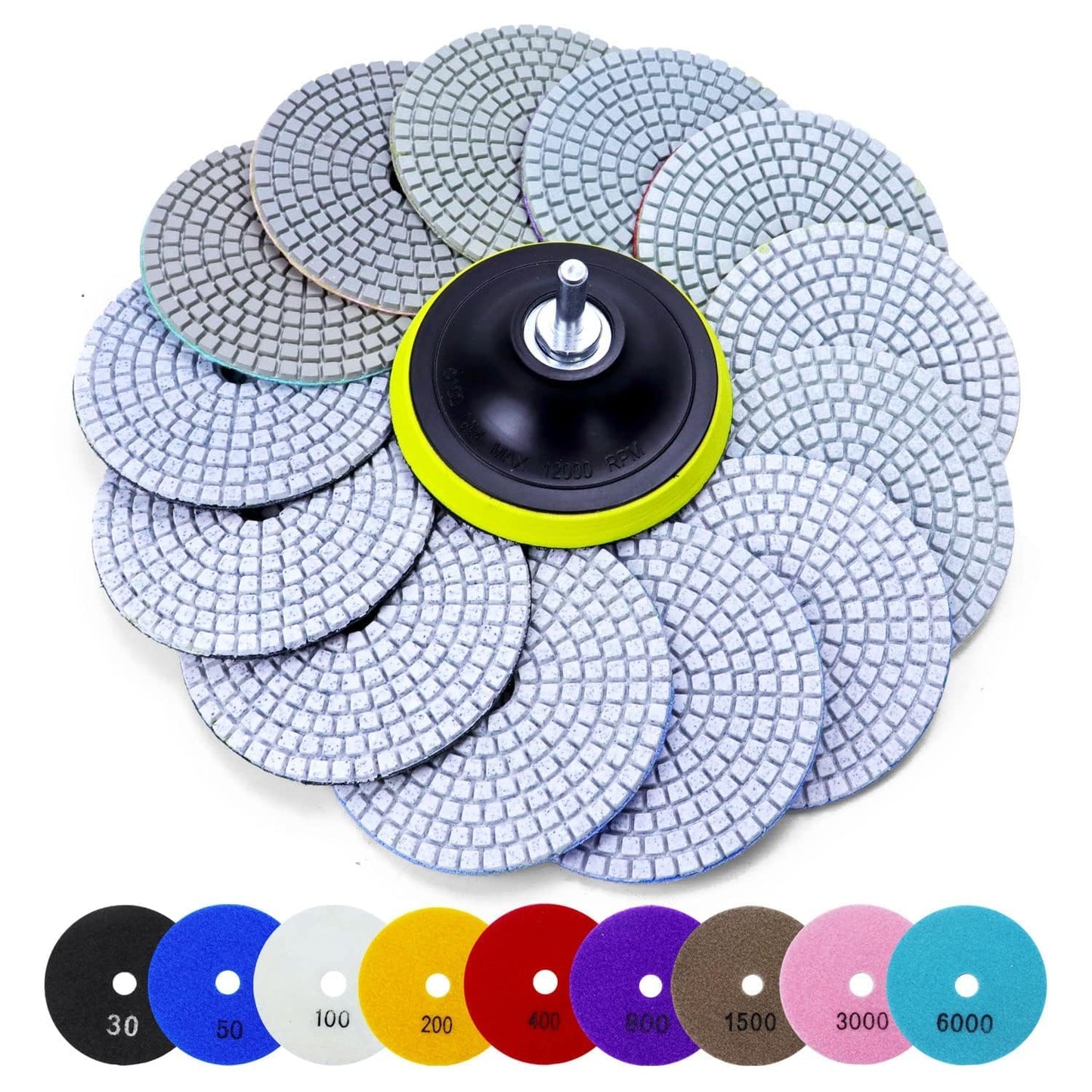 8PCS Diamond Polishing Pads 7 Inch, Wet/Dry Concrete Polish Tools Kit for Drill, Grinder, Polisher, 50-3000 Grit Polishing Set for Marble Granite Quartz Stone