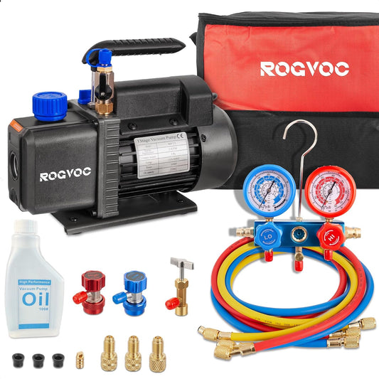 3.5 CFM AC Vacuum Pump and Manifold Gauge Set, 110V 1/4 HP Single Stage Rotary Vane Air Vacuum Pump HVAC for R12, R22, R410a, R134a AC Refrigerant Recharging with Carry Bag