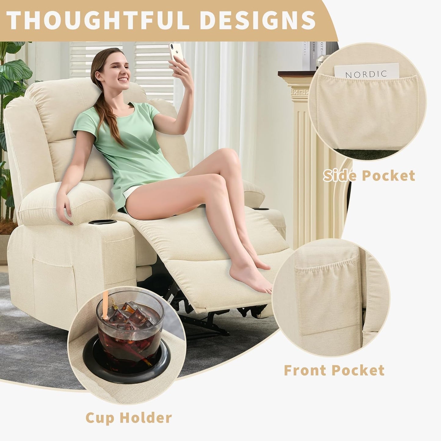 Wide Manual Recliner Chair for Adults – Widen Oversize Overstuffed Breathable Fabric Lounge Chair with 3 Angle Modes 2 Cup Holders Side Pockets