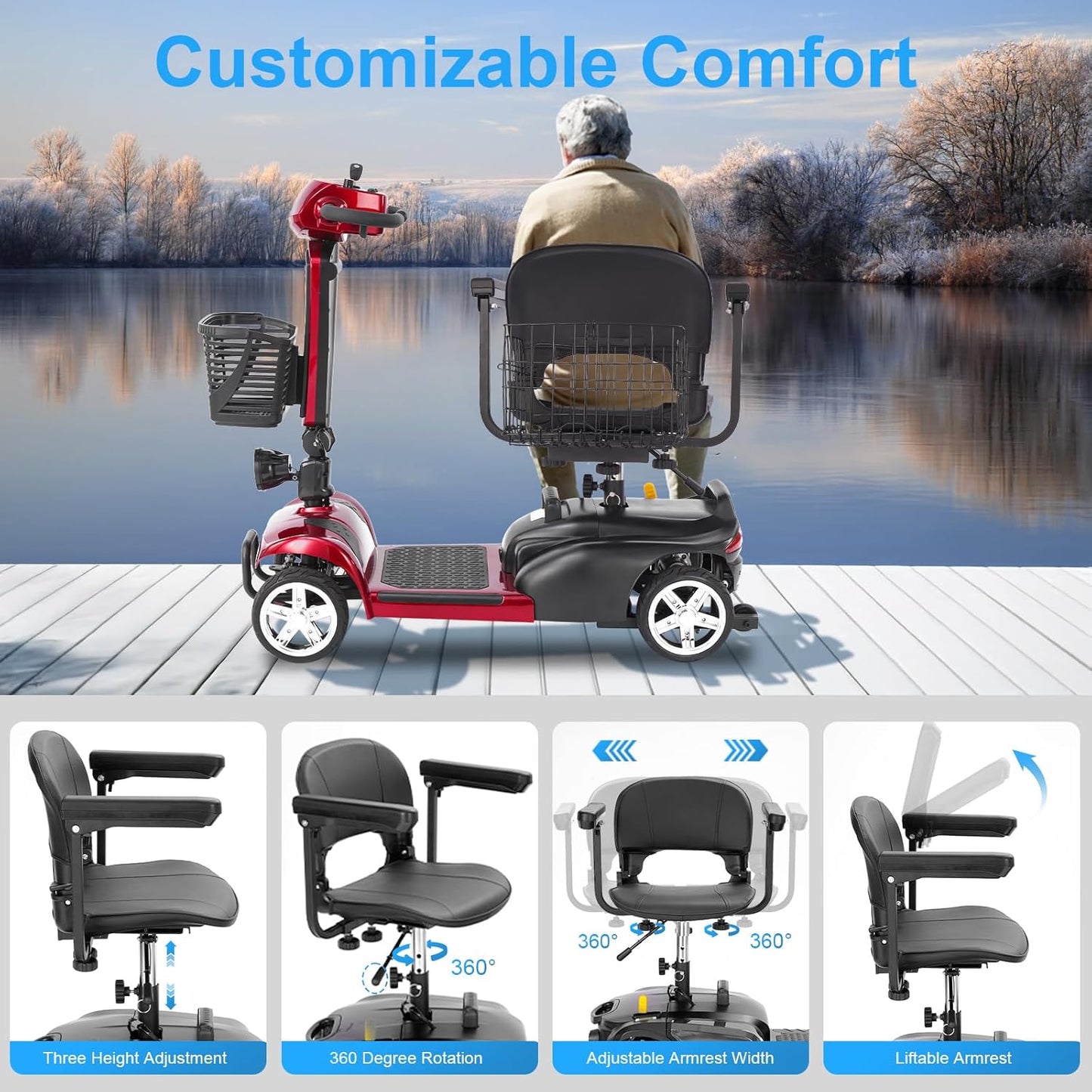 15/30/50Miles Eldryvon EV02 4 Wheels Electric Mobility Scooter for Seniors, Dual Basket, 350W Powered Wheelchair with Rotating Seat, Foldable Motorized Scooter for Adult with USB Port, 300Lbs Capacity