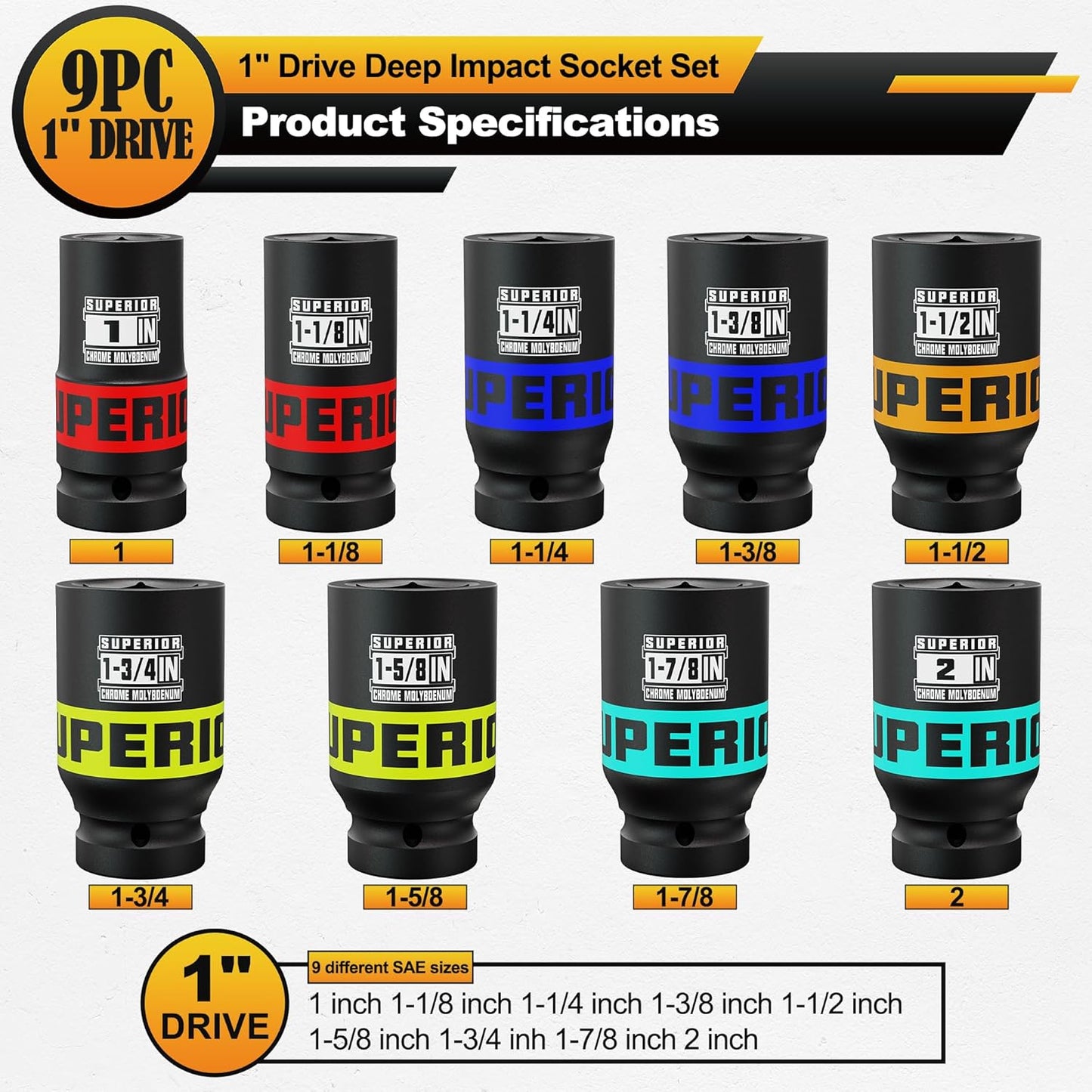 9 Piece 1" Drive Deep Impact Socket Set, 1 Inch - 2 Inch, SAE, 6-Point Design, Heavy Duty CR-MO, Truck Tire Service, Mechanical Equipment Maintance