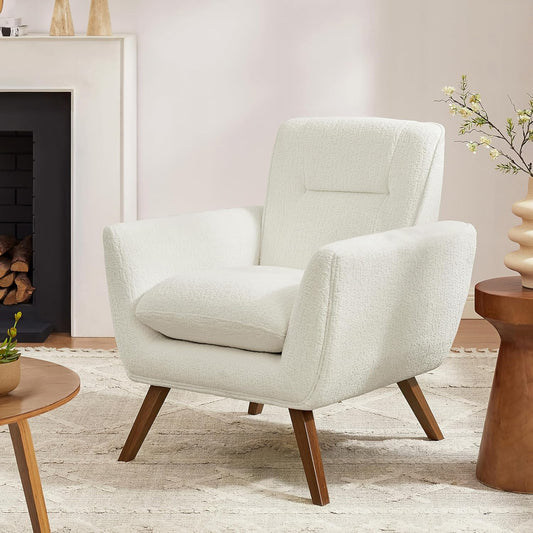 Art Leon Modern Accent Arm Chair - Fabric Upholstered Single Sofa Lounge with Wood Grain Metal Legs for Living Room Bedroom, White