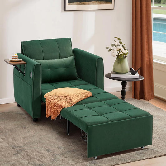 4-in-1 Convertible Sleeper Chair Bed for Adult, 90" Extra Long Pull-Out Sleeper Sofa Bed with Wing Table, USB Charging & Bottom Storage, Single Sleeping Chair for Living Room, Green