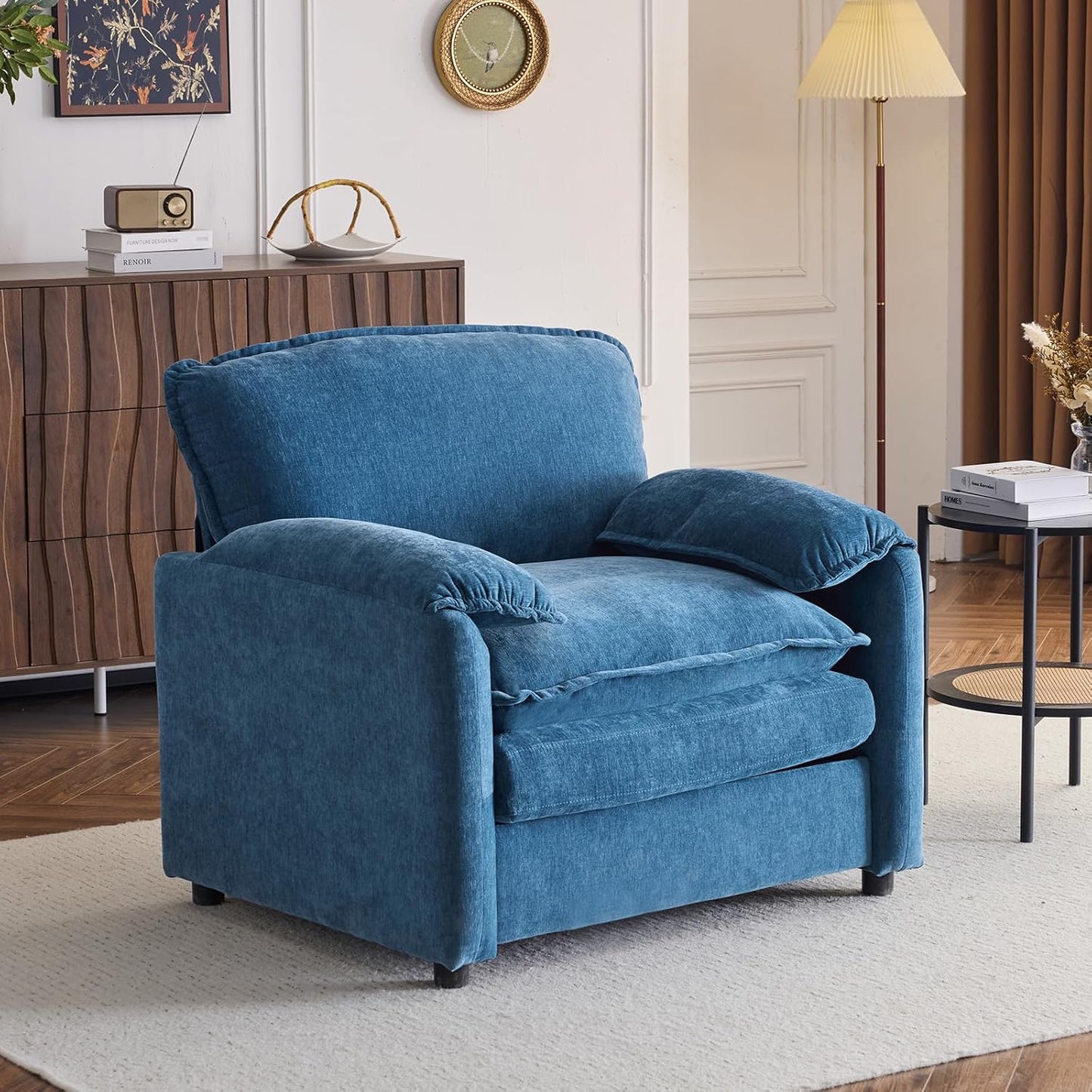 Chenille Oversized Armchair, 38.6" Wide Modern Accent Chairs & Single Sofa Lounge, Upholstered Mid-Century Reading Chair for Living Room Bedroom(Beige)