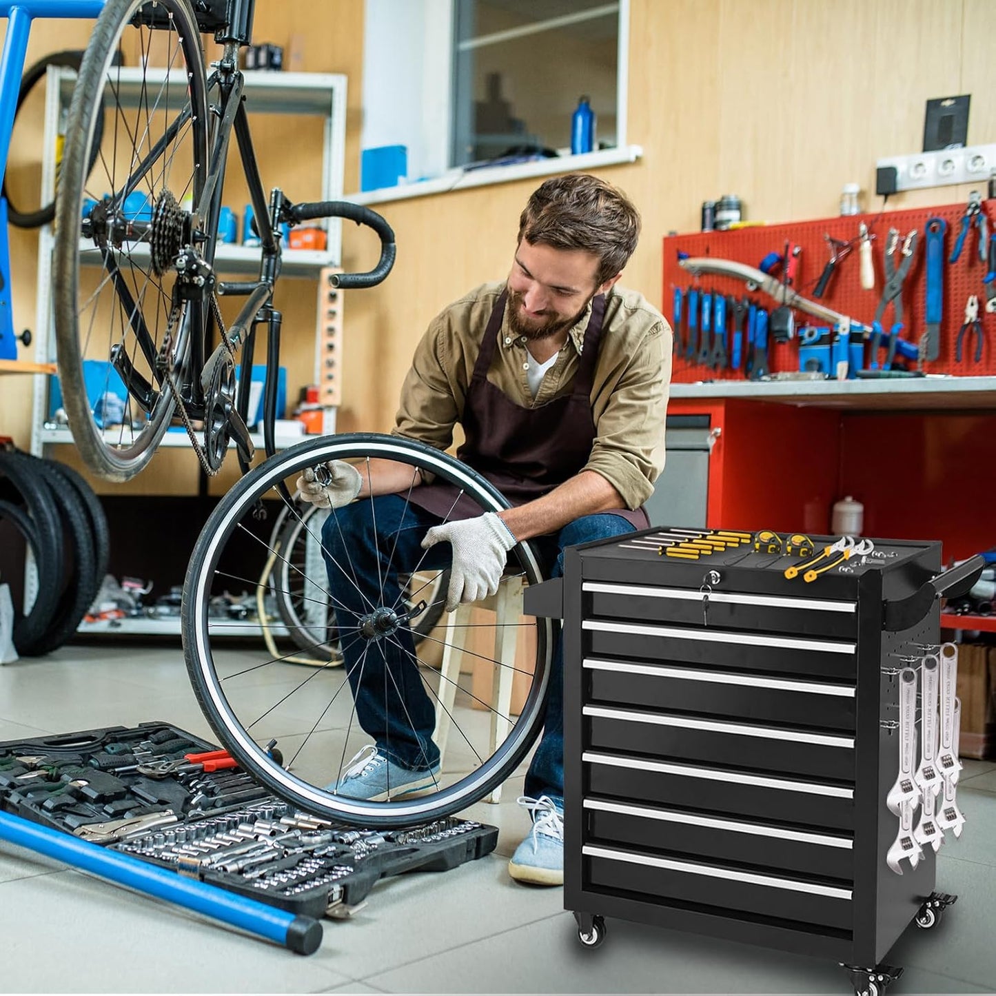 Rolling Tool Chest 7 Drawers, Metal Tool Box with Wheels Lockable Garage Storage Cabinets Sliding Tool Drawer Cart Toolbox Organization Workbench for Workshop Warehouse Repair Shop