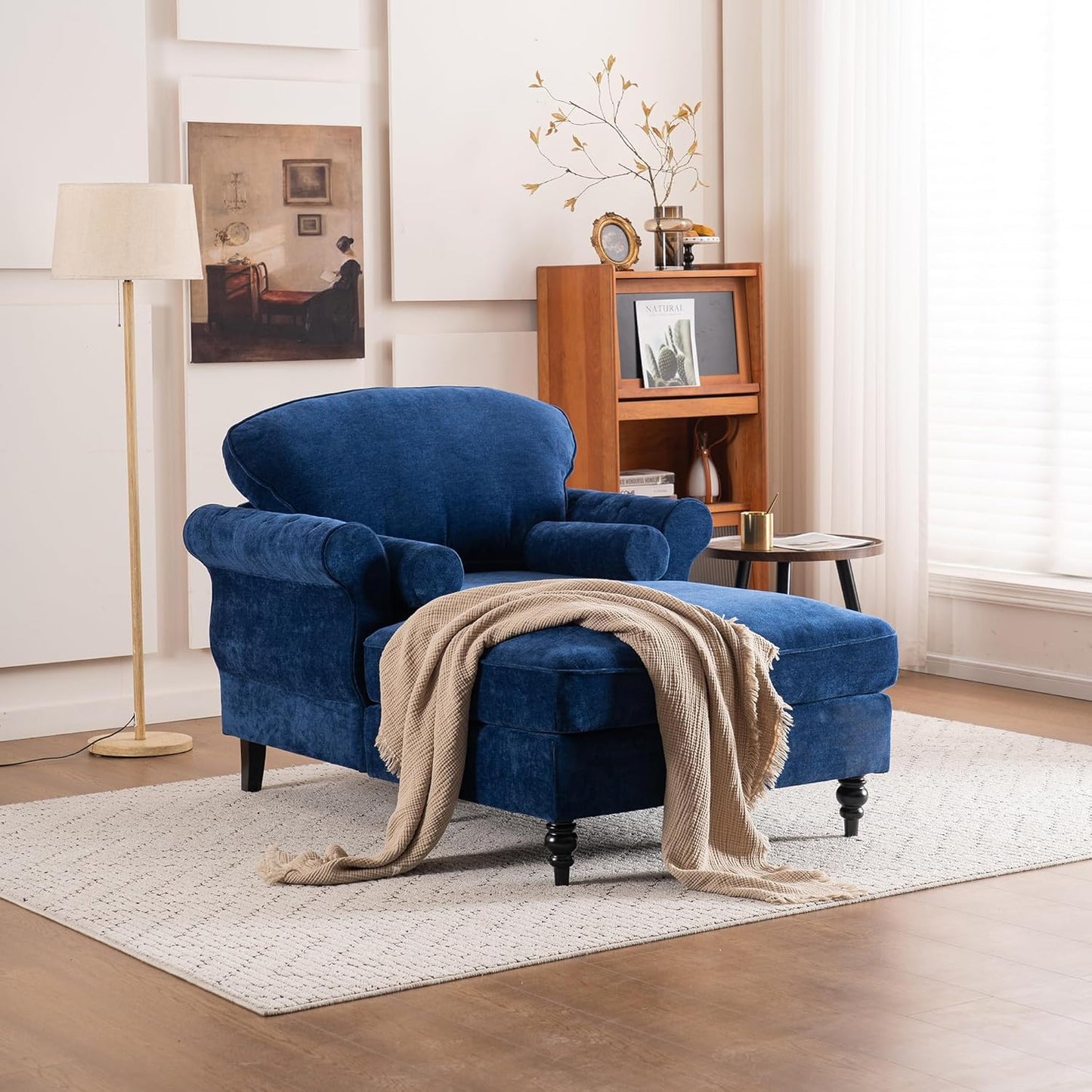 Chaise Lounge Chair Indoor with 2 Pillows, Leisure Upholstered Sofa Recliner, Chenille Single Chair for Living Room, Bedroom, Office (Orange)