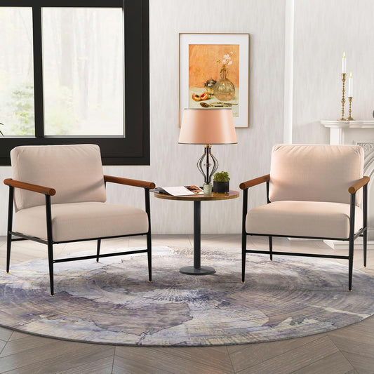 Accent Chairs Set of 2 Mid Century Modern Chair Linen Fabric Living Room Lounge Chair with with Overstuffed Back Pillow and Cushion Reading Side Chair Easy Assembly for Living Room, Bedroom, Belcony