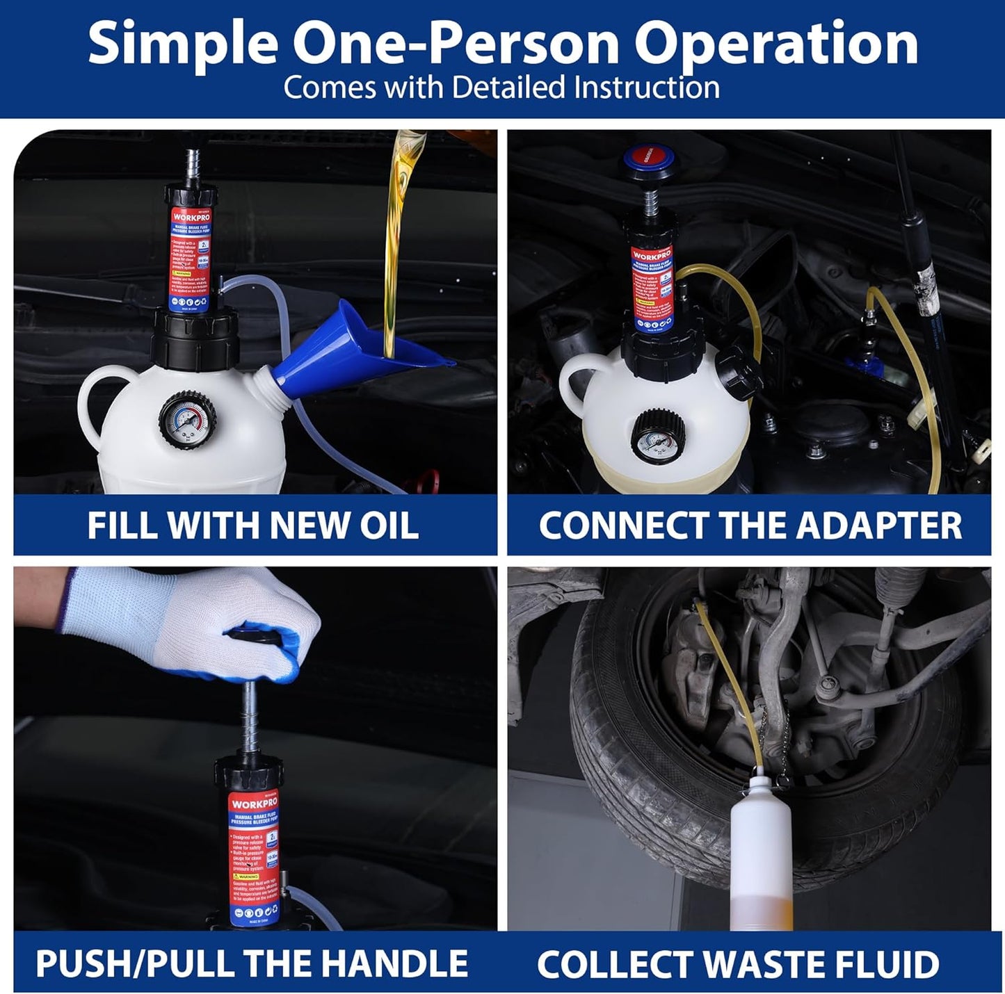 WORKPRO 2L Manual Brake Bleeder Kit, One Person Brake Fluid Vacuum Pump with 1L Brake Bleeder Bottle, 3 Master Cylinder Adapters & Funnel, Professional Brake Bleeding Tool for Most Vehicles