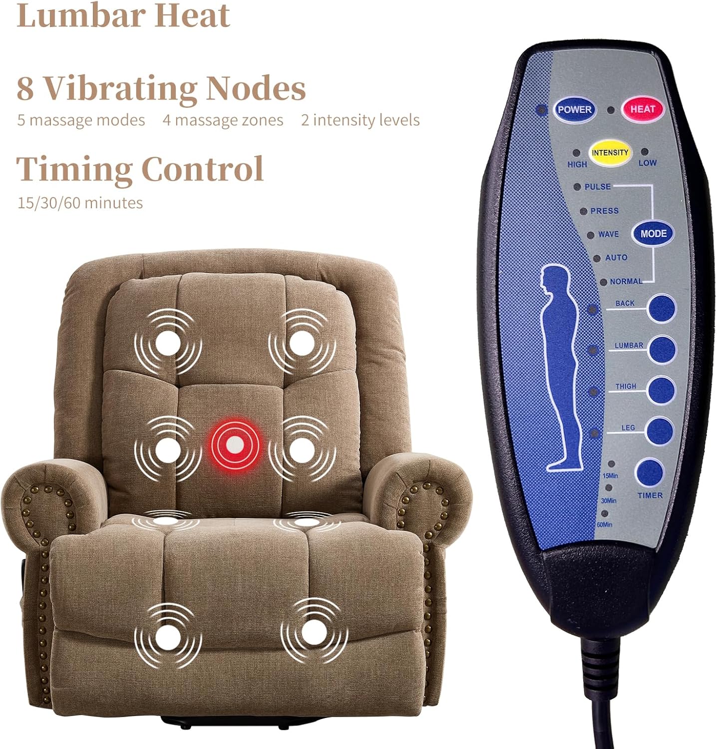 CANMOV 46" Wide Power Lift Recliner Chair for Elderly, Extra Large Electric Recliner, with Massage and Heat, Antiskid Fabric Recliner, USB Charger & Side Pockets, for Living Room, Brown