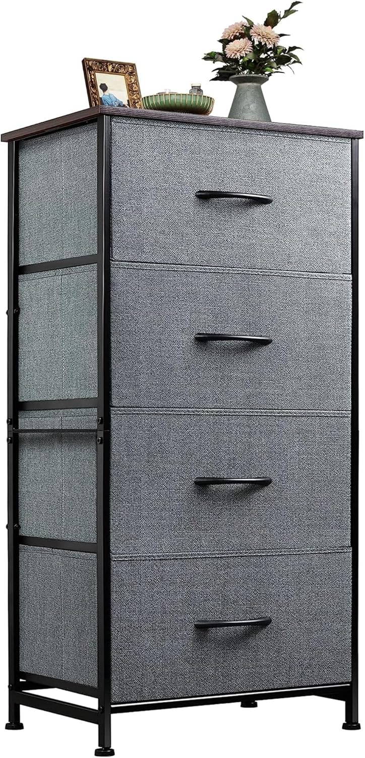 WLIVE Dresser with 4 Drawers, Fabric Storage Tower, Organizer Unit for Bedroom, Hallway, Entryway, Closets, Sturdy Steel Frame, Wood Top, Easy Pull Handle, Rustic Brown Wood Grain Print