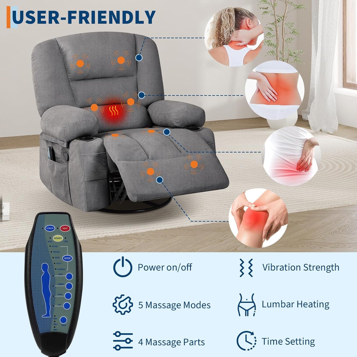 360° Swivel Recliner Chair with Heat ＆ Massage, Widen Overstuffed Single Sofa Lounge Chair with Side Pockets Cup Holders for Living Room,Bedroom, RV, Gray