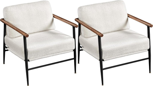Topeakmart Mid-Century Boucle Accent Chair, Reading Chair with Stylish Boucle Fabric, Lounge Chair with Ultra-Long Armrest and Extra-Wide Seat for Living Room Lounge Office, Ivory, 2PCS