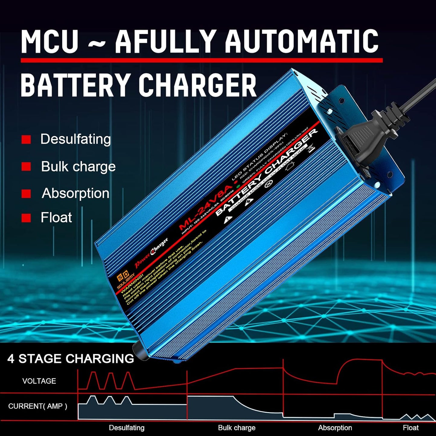 24V 8Amp Battery Charger, Automatic Smart Lead-Acid Battery Trickle Charger Maintainer with XLR Connector for Wheelchair, Sealed AGM Battery,Car Boat,Lawn Mower