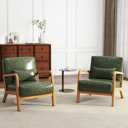 UIXE PU Leather Accent Chairs Set of 2, Upholstered Armchair for Living Room, Modern Arm Chair Comfy Single Sofa Bedroom Reading Seat with Lumbar Pillow - Hunter Green