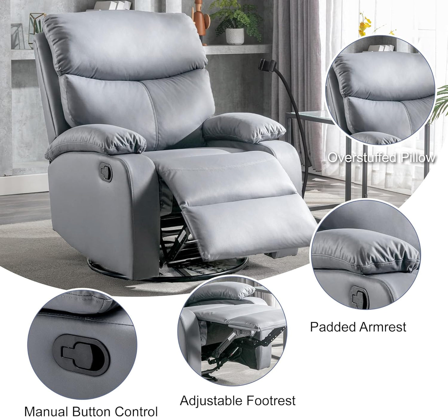 Swivel Rocker Recliner Chairs, Manual Rocking Recliner Chair for Adults, Small Recliners for Small Spaces, Single Sofa Recliner for Living Room, Nursery - Light Grey