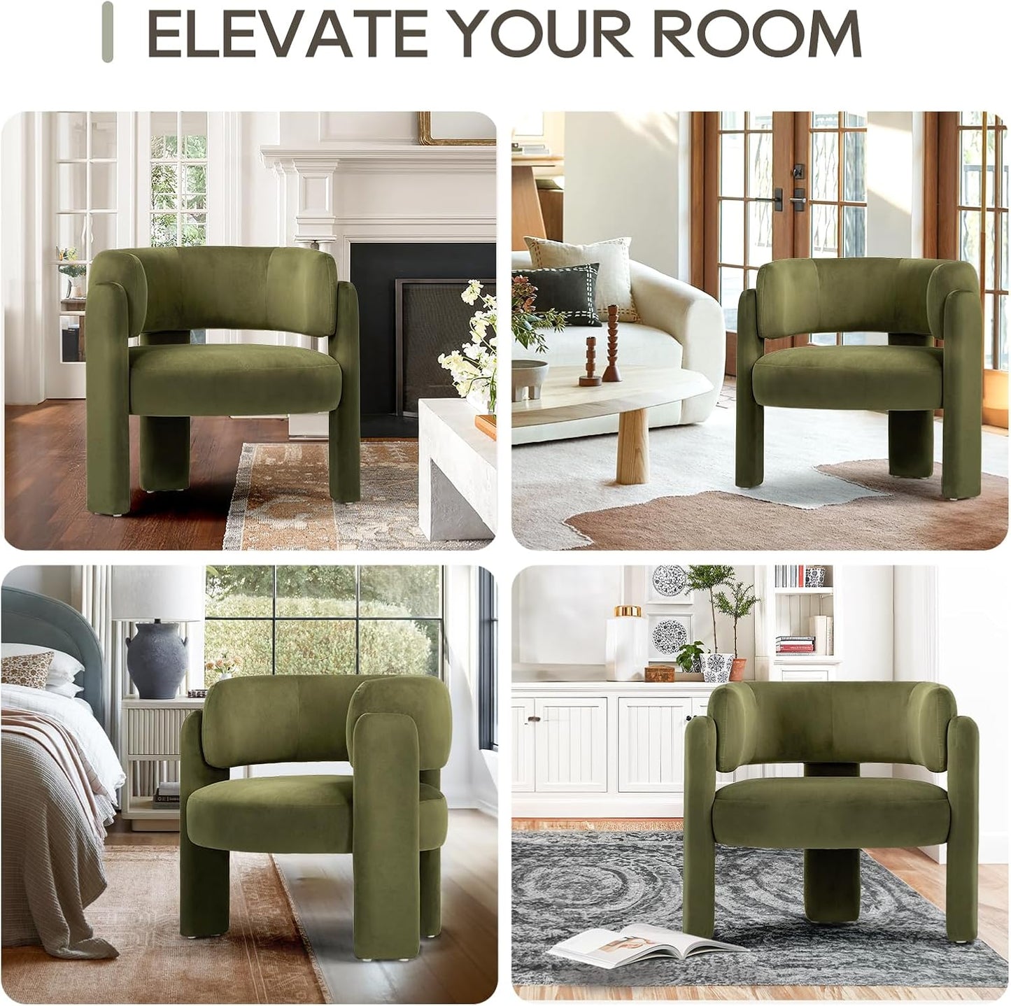 COLAMY Modern Velvet Accent Chair Set of 2, Upholstered Barrel Chairs, Comfy Side Arm Chairs with 3 Legs for Living Room, Bedroom, Reading, Green