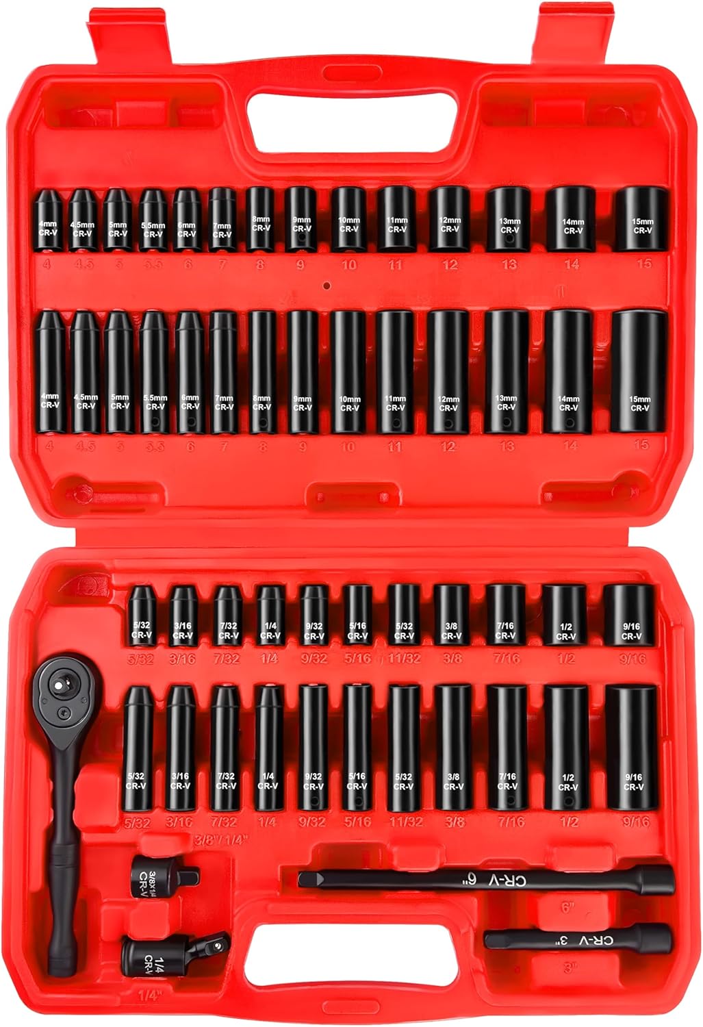 WETT 1/4" and 3/8" Drive Socket Set, 86-Piece Socket Wrench Set with Quick-Release Ratchet, Extention Bar, Adapter, 1/4" Bits, CR-V Steel, Metric/SAE, Deep/Shallow, Mirror Chrome Finish