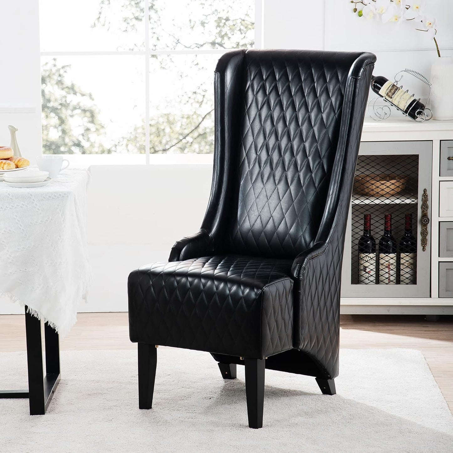 23.03" Wide Faux Leather High-Back Chair, Comfy High Wingback Chair, Living Room Chair with Soft Padded & Wooden Legs, Modern Side Chair for Living Room, Bedroom, Black