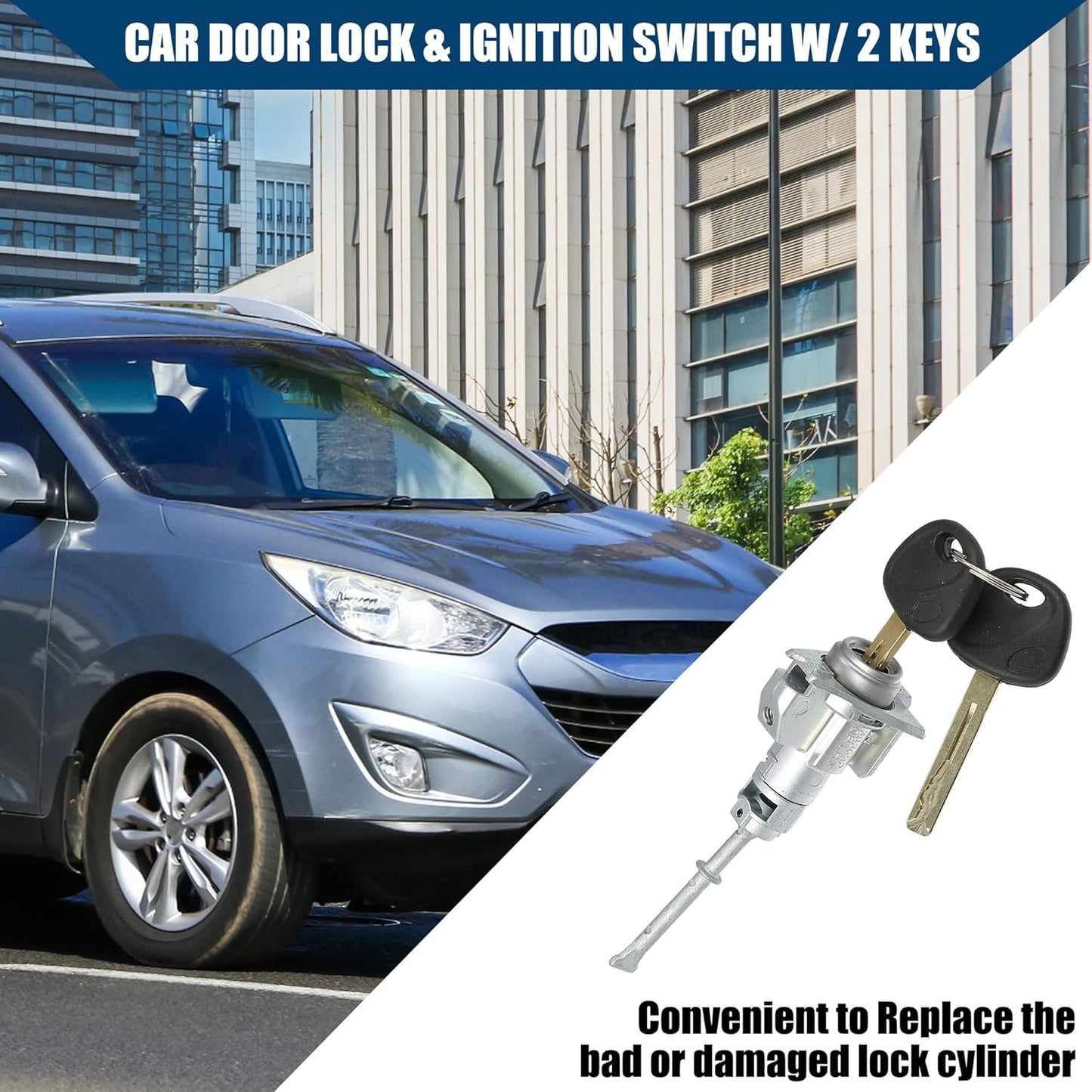 Car Ignition Switch Cylinder Front Door Lock Cylinder with 2 Keys for Hyundai IX35 2015 / Steering Lock Cylinder Set/Metal / 1 Set/Black