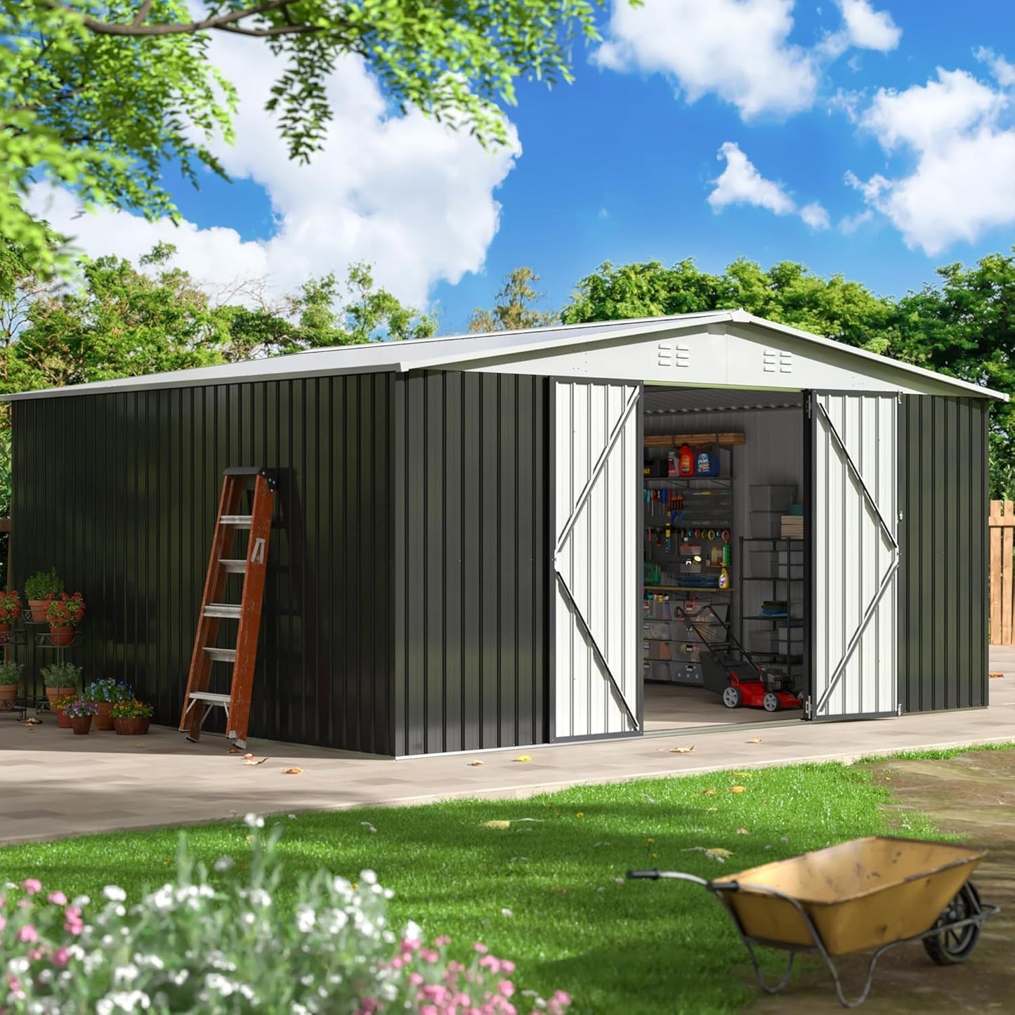 12x14 FT Outdoor Storage Shed, Garden Shed with Updated Frame Structure and Lockable Doors, Metal Tool Sheds for Backyard Garden Patio Lawn, White