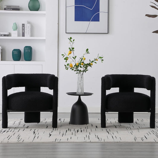 Wahson Modern Barrel Accent Chairs Set of 2 | Boucle Upholstered Armchair, Single Sofa, Side, Reading, Living Room Chair | Three Legs, Black Sherpa
