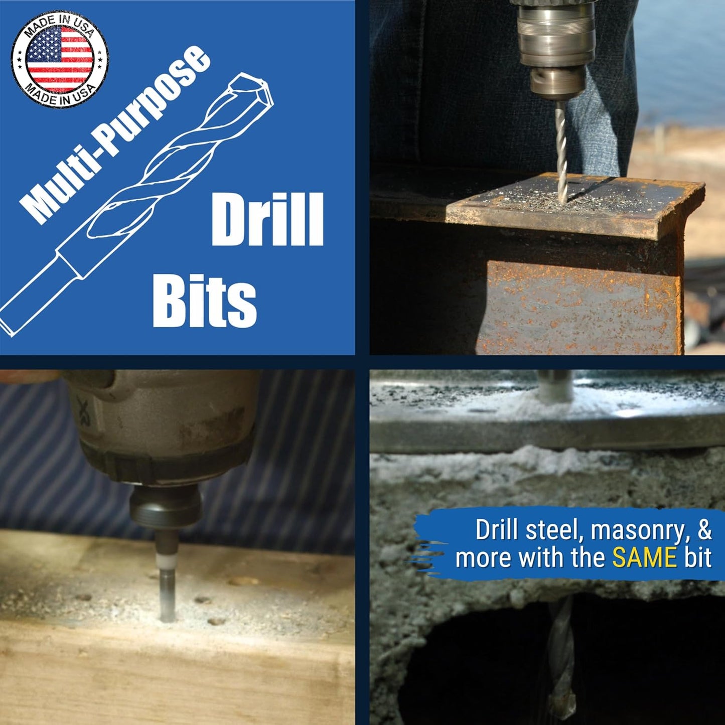 Bad Dog 14 Piece Multipurpose High Speed Drill Bit Set. Unique Carbide, Titanium, Cobalt Tip & Armor Steel Hex Shank. Made in USA. Drill Through Everything! Hardened Steel, Masonry, Wood, Tile & More