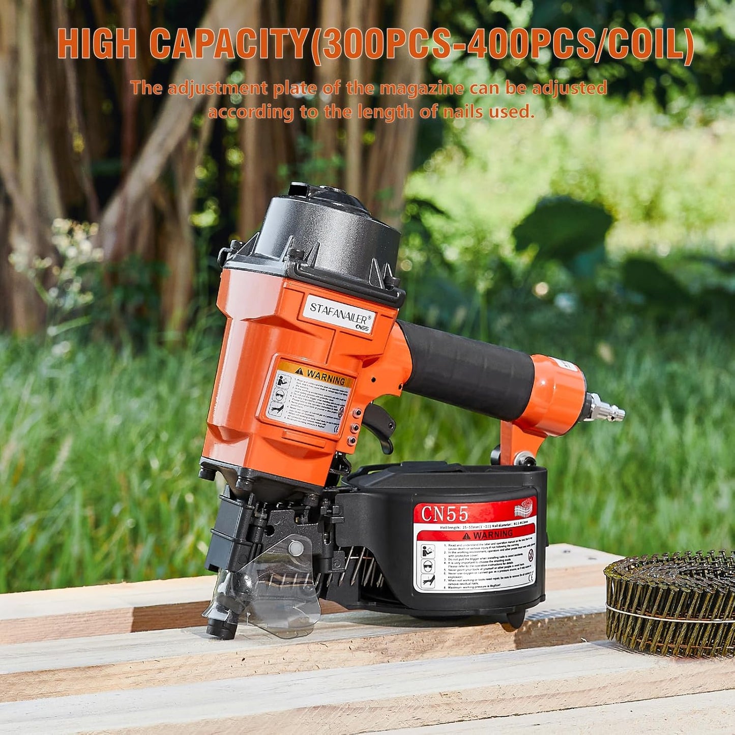 Update CN55 Pneumatic Siding Nailer for 1-Inch up to 2-1/4-Inch Nails, 15 Degree Coil Nail Gun with Bump Firing for Fast Nailing Speed, Coil Nail Gun for Pallets, Siding, Crating, Fencing, Decking
