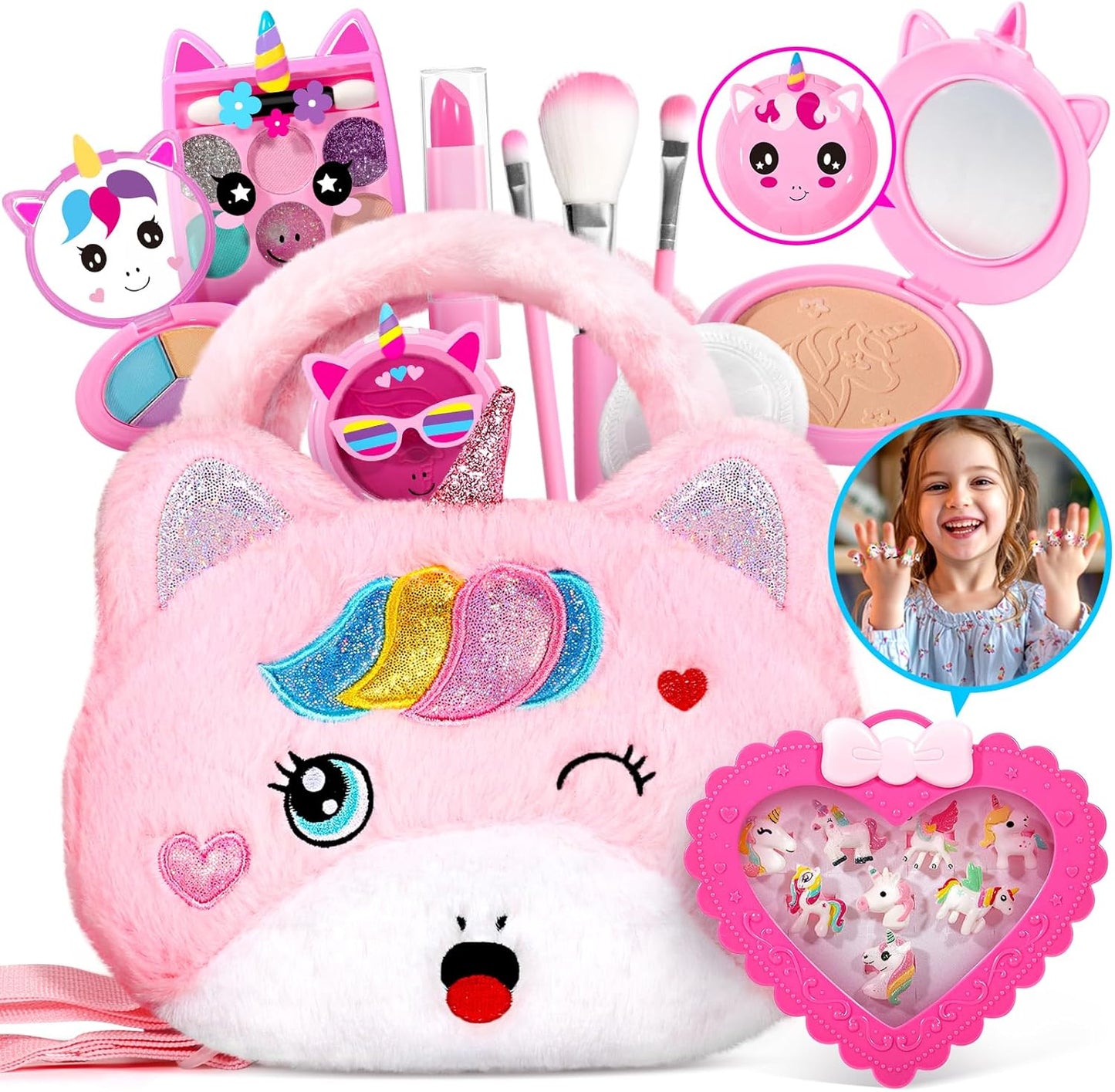 ULOVEME Kids Real Makeup Kit for Girls with Fluffy Purse - Real, Non Toxic, Washable Make Up Toy - Umicorn Toys Gift for 3 4 5 6 7 8 Years Old Girls Birthday (Pink Umicorn)