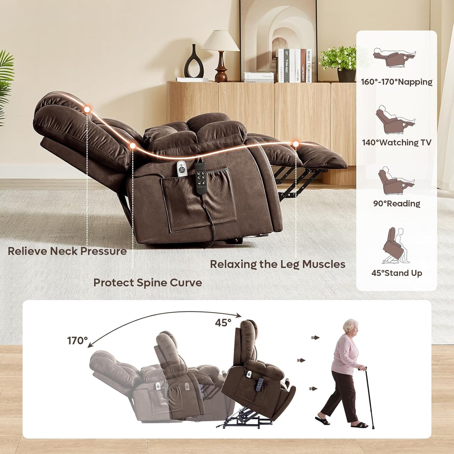 Bestier Dual Motor Power Lift Recliner Chair for Elderly, Oversized Recliner Sofa with Massage and Heat, Extra Wide Lift Chair with Cup Holders & Side Pockets for Living Room Bedroom (Brown)