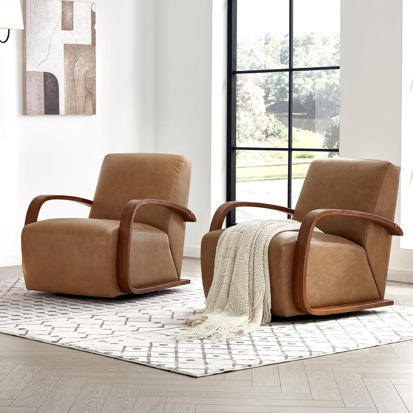 CHITA Swivel Accent Chair, Modern Arm Chair for Living Room, Cognac Brown in Faux Leather with Walnut Wood Arm
