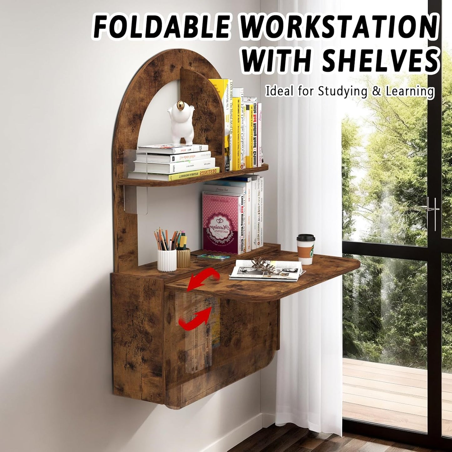 Wall Mounted Drop-Leaf Table, Floating Laptop Desk, Folding Table with Shelves, Multifunctional Computer Workstation Storage Compartments in Home Office for Space Saving (Rustic Brown)