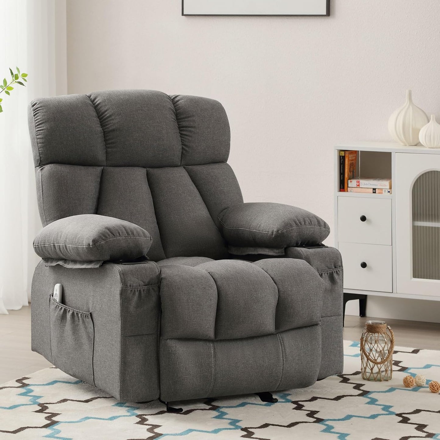 Rocker Massage Recliner Chair with Heat and Vibration Ergonomic Rocking Lounge Chair for Living Room Comfy Overstuffed Recliner with 4 Side Pockets,2 Cup Holders, USB Charge Port, Grey