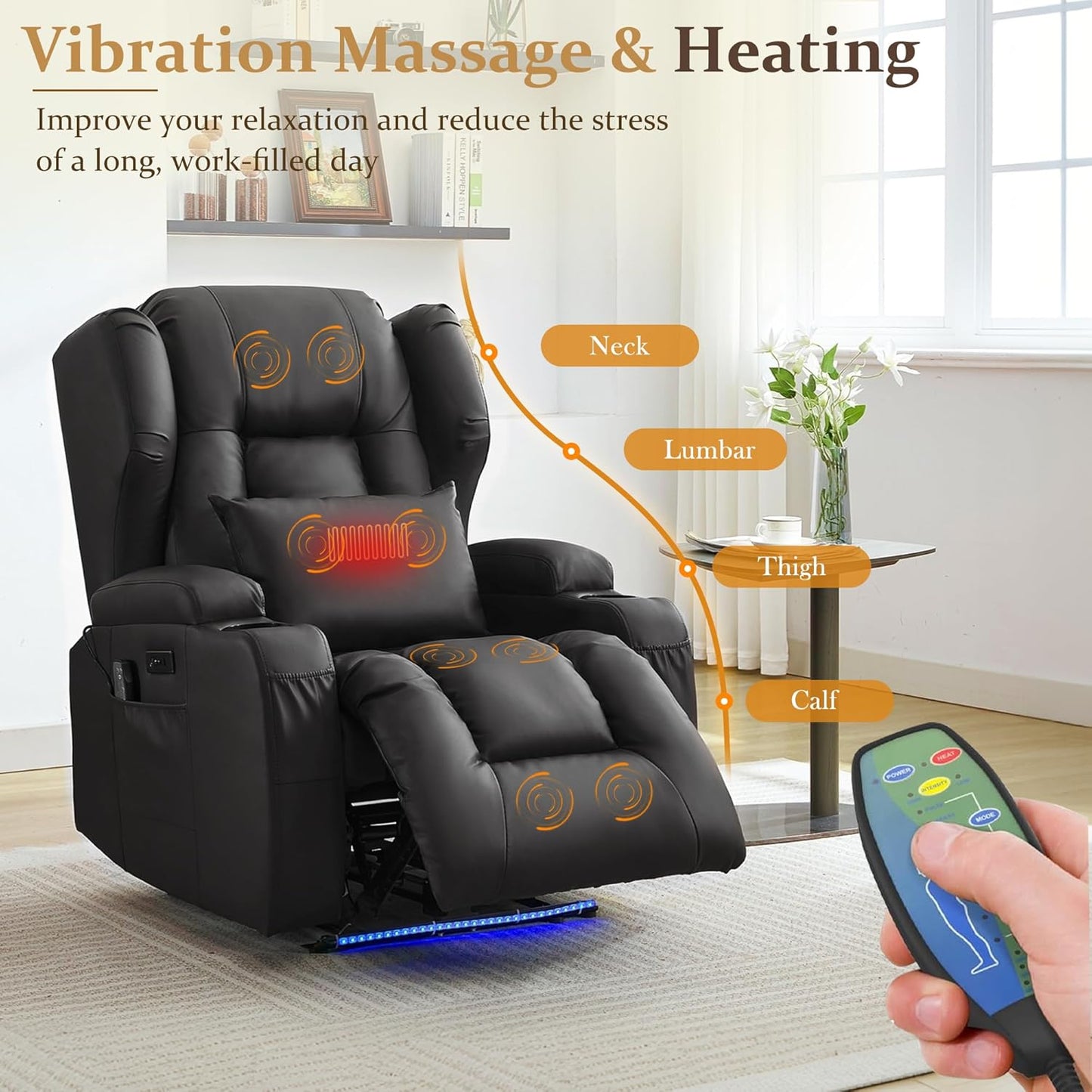 URRED Recliner Chair for Adults, Power Reclining Sofa Chair Home Theater Seating with Vibration Massage and Heat, LED Ambient Light, USB Ports, Cup Holders, Side Pockets (Black)