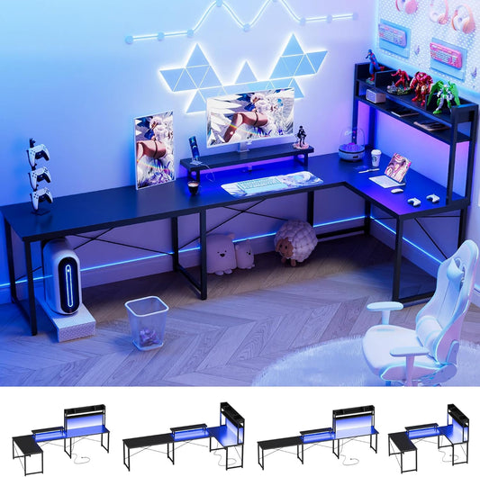 Unikito Large U Shaped Computer Desk with Hutch, Customizable Reversible L Shaped Office Desks with Power Outlets & LED Lights, Corner Gaming Table with Monitor Stand, 122” 2 Person Long Desk, Black
