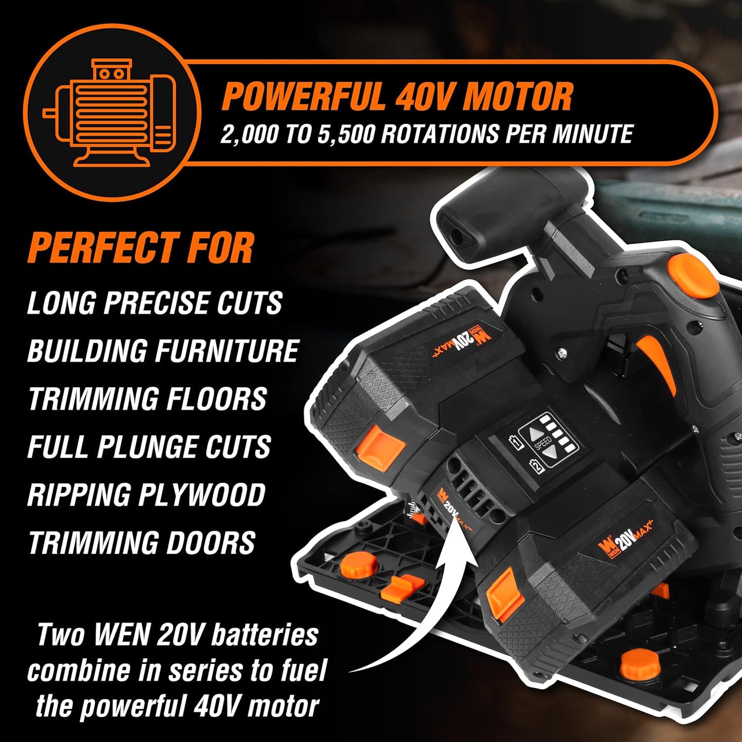 WEN Cordless 6.5-Inch Track Saw, Brushless with Variable Speed, Two 20V Max 4.0 Ah Batteries, and Charger (20691)