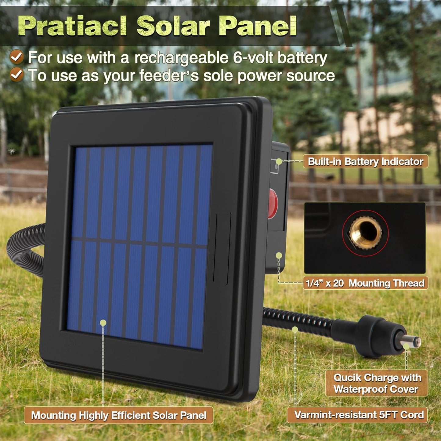 6V Deer Feeder Solar Panel, Efficient Solar Panel Charger with 5FT Weatherproof Cable & Battery Indicator, 6V Solar Panel Compatible with Deer Feeder Timer with Solar Quick Connect, Easy to Mount