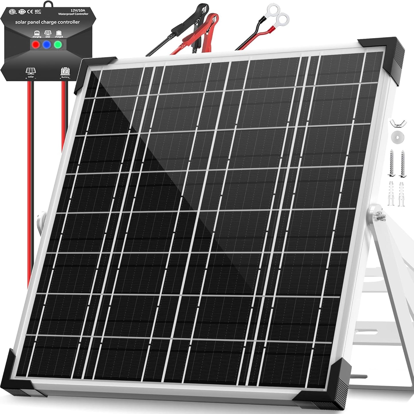 Solar Panel Kit 30W 12V, Solar Battery Trickle Charger Maintainer, Waterproof Solar Panel + Upgrade Charge Controller + Adjustable Mount Bracket for Boat RV Motorcycle Marine