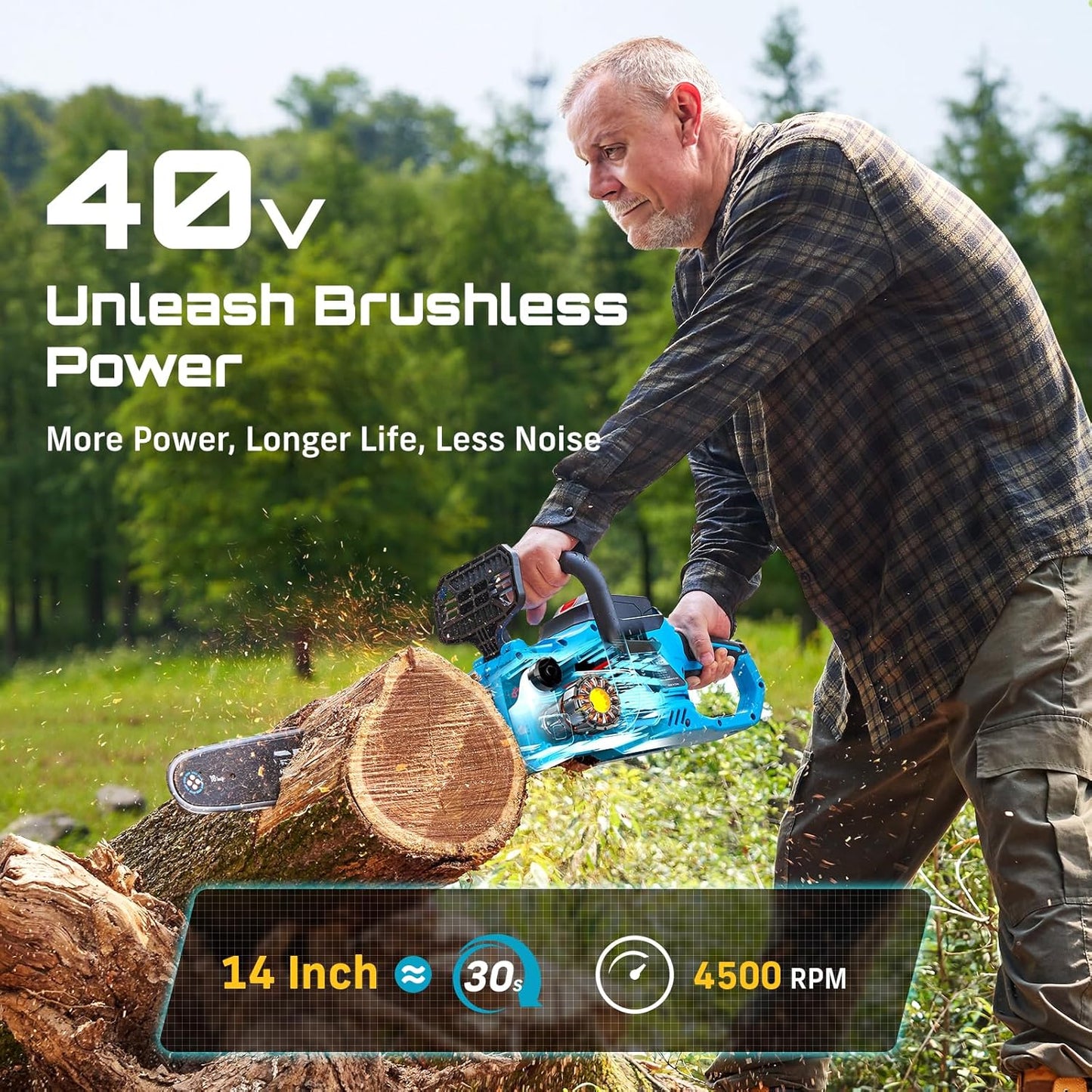 SEESII 40V 16-Inch Cordless Chainsaw: Brushless Electric Chain Saws with 2×4.0Ah Batteries & Charger, Tool-Free Chain Tension, Auto Oiling, for Tree Trimming, Wood Cutting, Yard Work