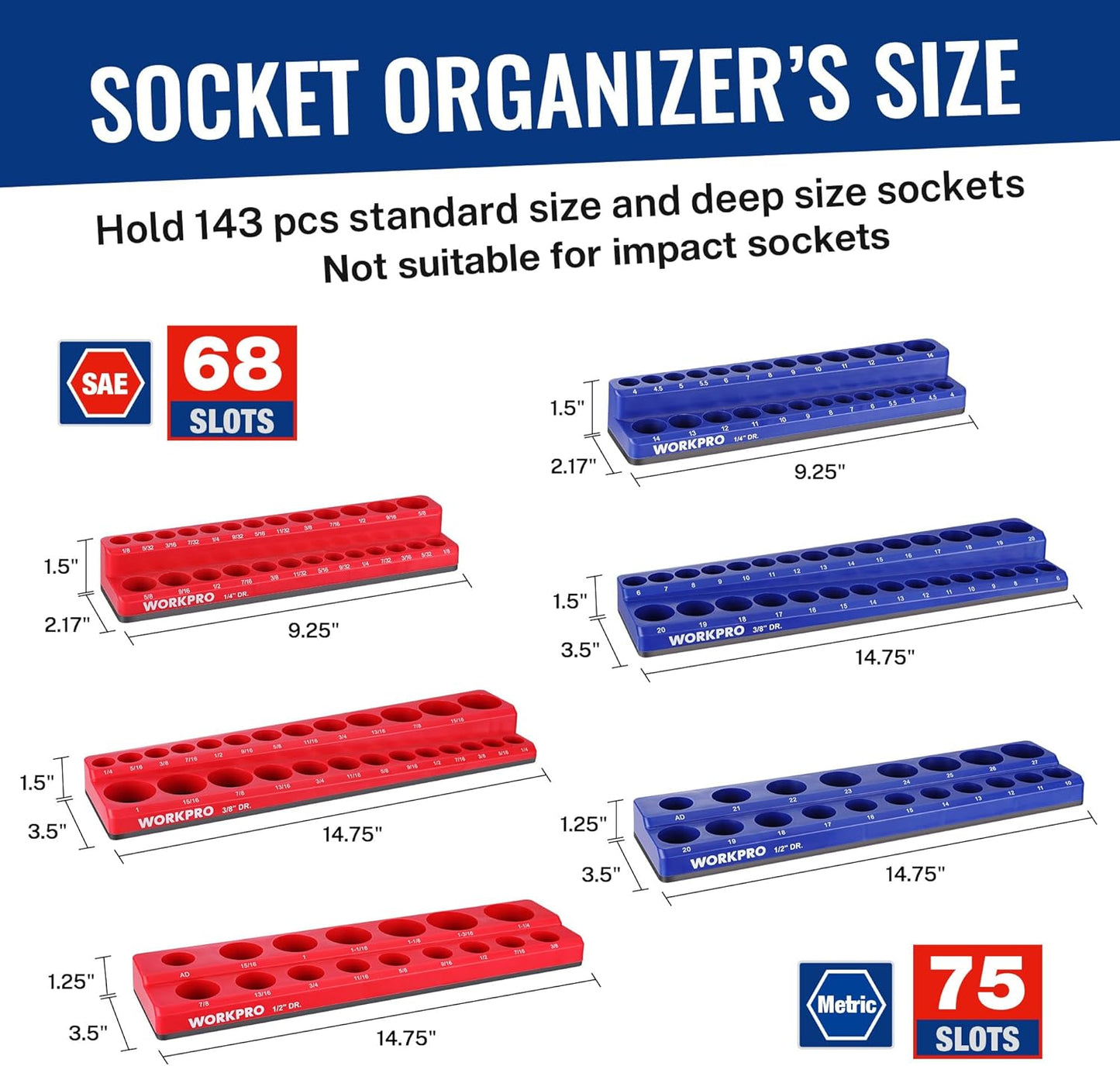 WORKPRO 8-Piece Magnetic Socket Organizer and Magnetic Wrench Organizer Set, Socket Holder Set 1/4", 3/8", 1/2" Drive Metric SAE Socket Storage, Metric SAE Wrench Holder(Socket, Wrench not Included)