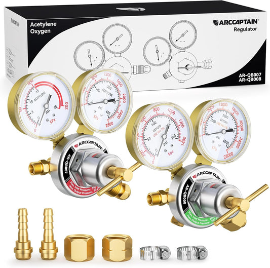 ARCCAPTAIN Oxygen and Acetylene Regulators CGA540 and CGA510, Compatible with V-Style Torch Cutting, Heavy-Duty Gas Welding Pressure Regulators with T-Handle Adjustments
