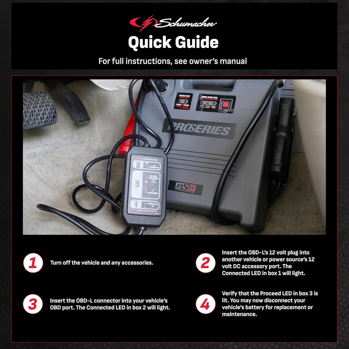 Schumacher Electric Automotive Memory Saver, OBD-L, for Cars, Trucks, SUVs and More, Saves Your Vehicle’s Settings During Battery Maintenance or Removal, OBDII Compatible