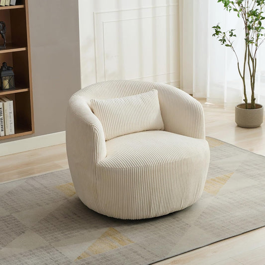 Aoiy & Wifon 34.25" W Swivel Barrel Chair, Upholstered Round Small Accent Chair, Single Comfy Barrel Chair for Living Room, Corduroy, Ivory